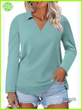 Plus Size Long Sleeve Polo Tunic Blouse Loose Fit Rayon Spandex Work Casual